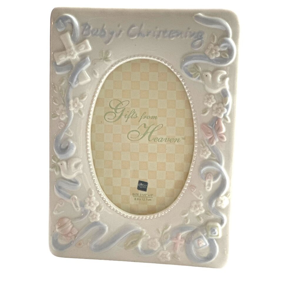 Baby's Christening Fame Ceramic White Blue & Pink Cross Oval Russ 5"x3.5" - Picture 2 of 5